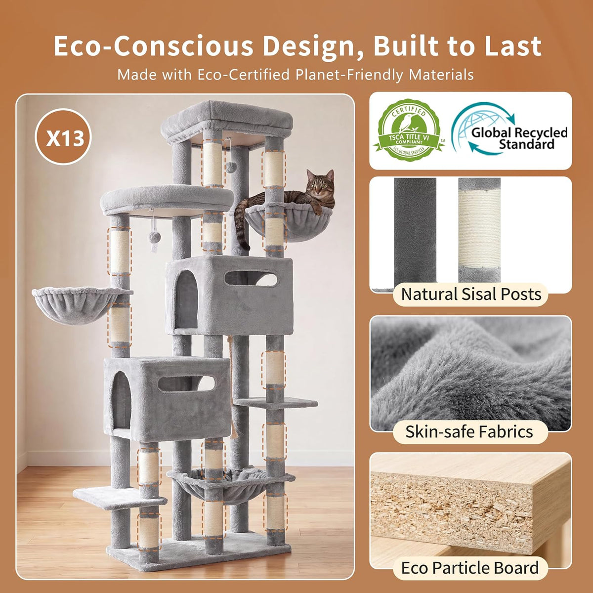 Heybly Cat Tree, 74.8-Inch Spacious & Tall Cat Tower for Large Cats HCT062W