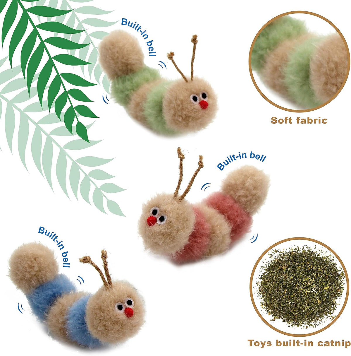 Jumpaws Interactive Natural Catnip Toy, with Rattle, Bite Resistant, for All Ages Indoor Cat, Shape of Caterpillar, Kitten Toy (Small/ 3 Pck/Cat Toy)