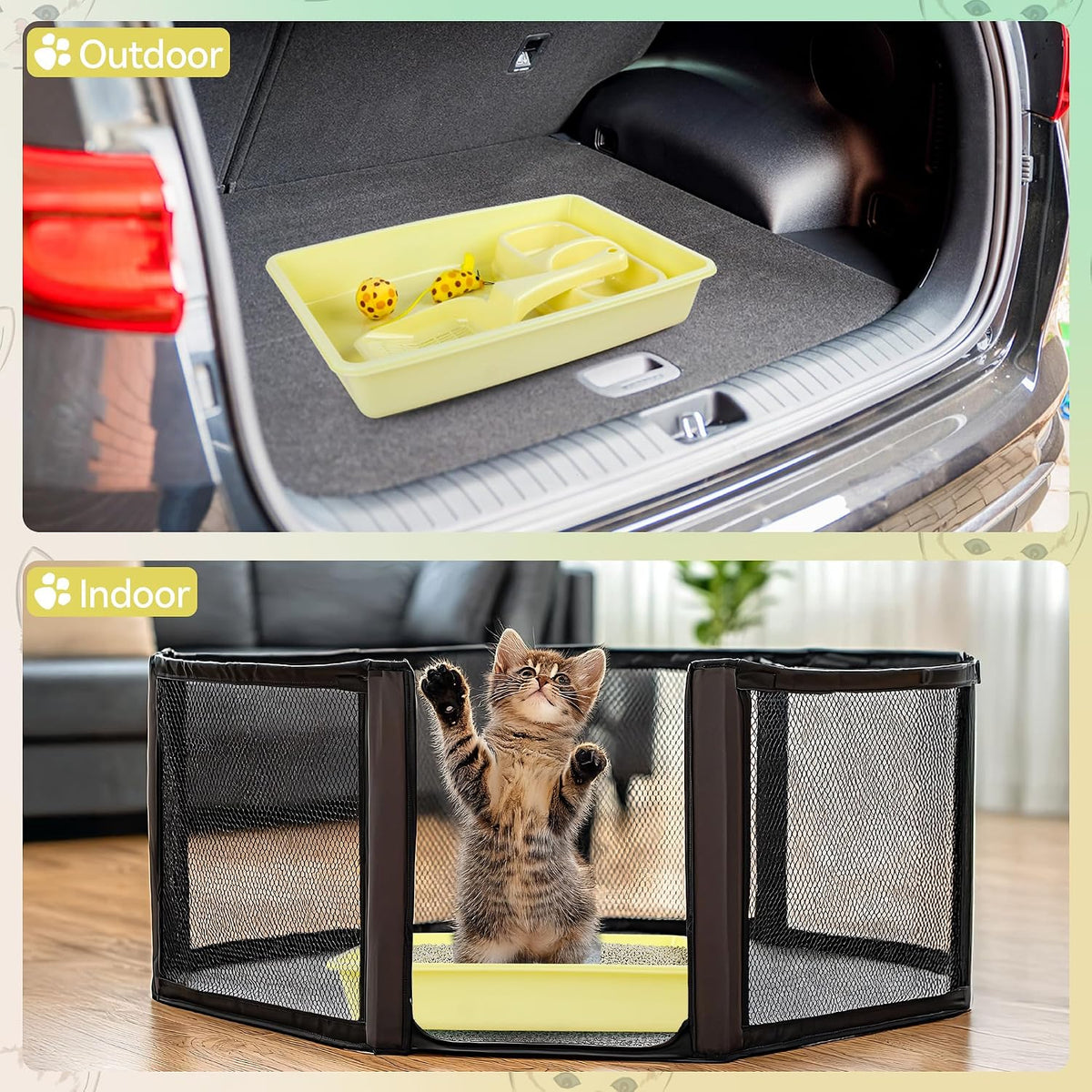 PAWISE Cat Litter Box Set, Small Kitten Starter Kit, Includes Litter Box, Litter Scoop, Double Dish Feeding Bowl, Cat Mouse Toy, Kitty Ball Toy, Yellow