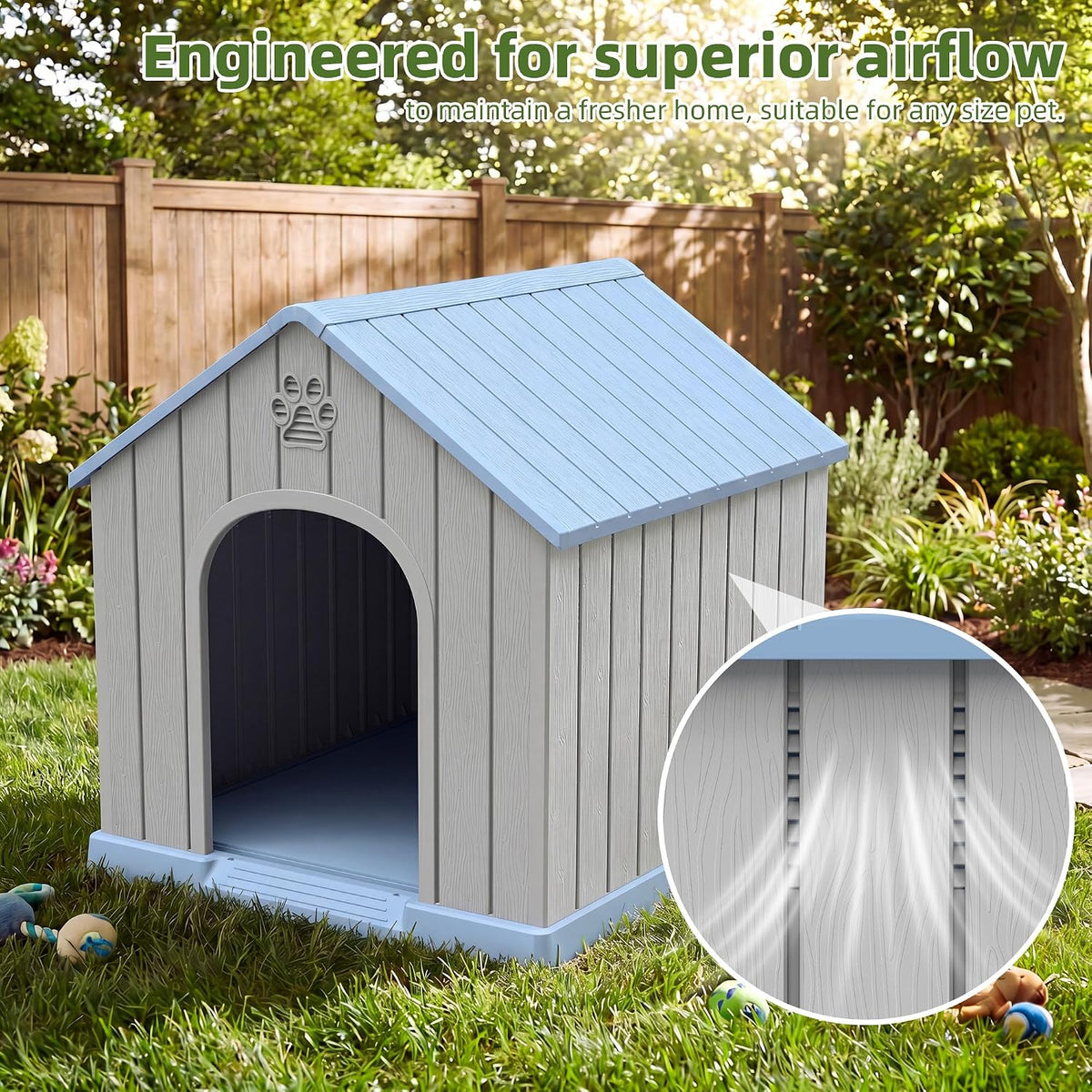 Fancyango Large Dog House for Medium to Large Dogs – Sturdy Plastic Waterproof Doghouse for Indoor/Outdoor Use with Air Vents and Elevated Floor Easy to Clean and Assemble (Blue, 36.2"L × 38"W × 38"H)