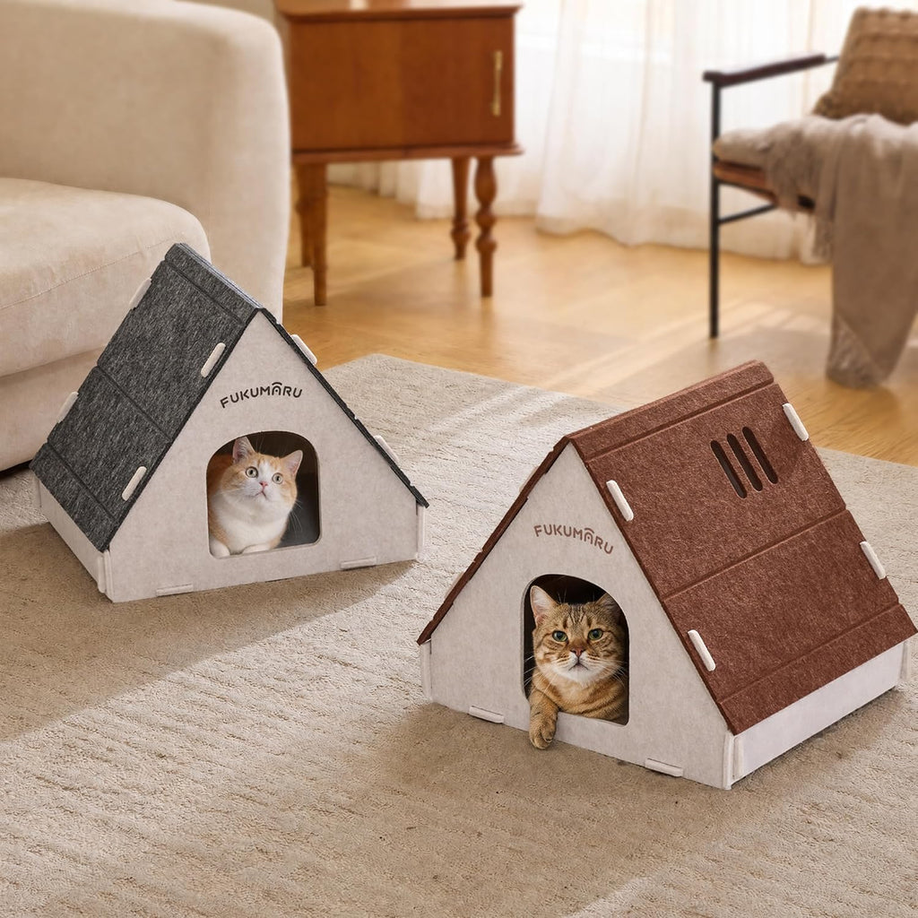 FUKUMARU Cat House Cave Bed for Indoor Cats, Large Warm Felt Cat Hideaway