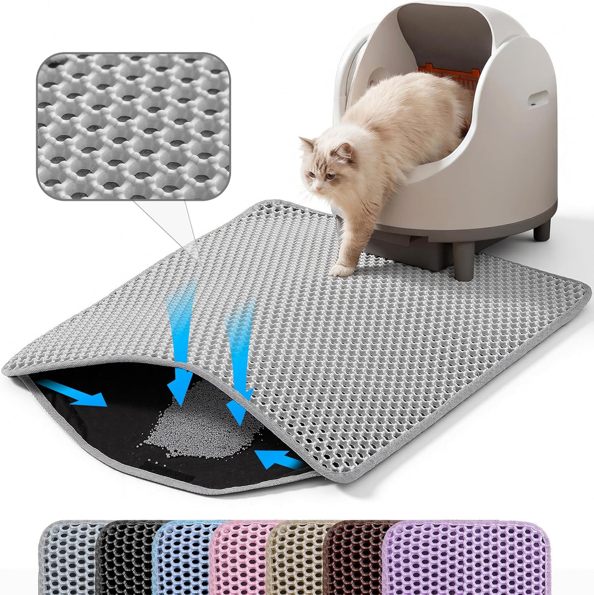 Cat Litter Mat, Double Layer Honeycomb Litter Box Mat | 24x18”, Efficient Litter Trapping, Easy to Clean, Waterproof, Non-Slip, Soft on Paws, Scratch Resistant, Gray, Large