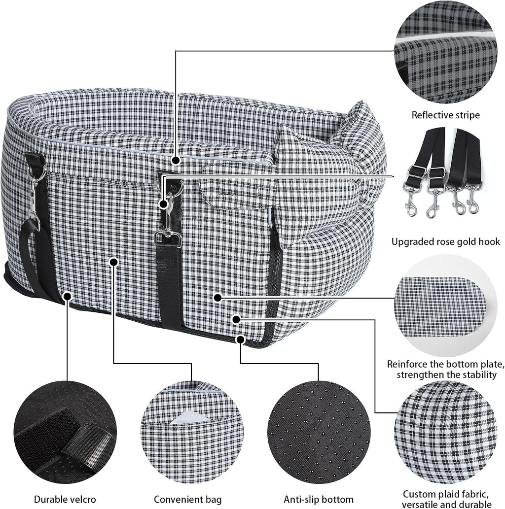 Center Console Dog Car Seat Dog Bed for Car Console Portable Armrest Booster Seat Carrier for Small Medium Dogs Anti-Collapse for Puppy Pet Up to 15 Lbs（Grid Black）