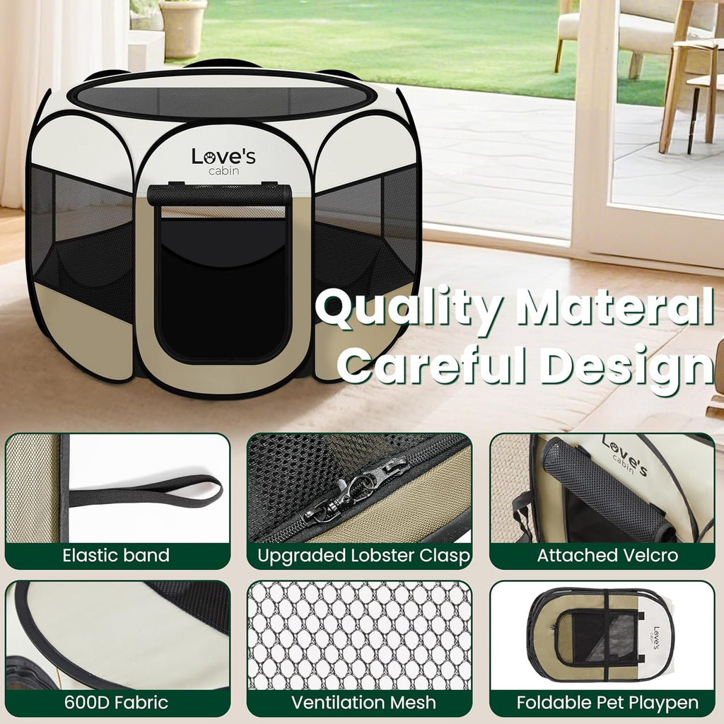 Love's cabin Pet Puppy Dog Playpen, Large Dog Tent Crates Cage Indoor/Outdoor, Portable Playpen for Cat, Foldable Pop Up Dog Kennel Playpen with Carring Case, Removable Zipper Top, Khaki