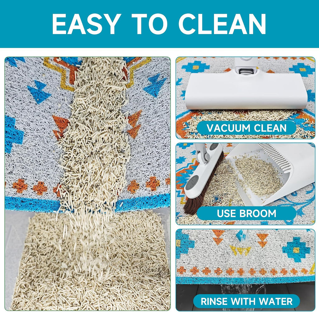 Cat Litter Mat, 35" x 23" Litter Box mat, Traps 100% Litter, Non-Slip Kitty Litter Trapping mats, Large Cute Litter mat, Easy Clean for Scatter Control, Bohe cat Food mat, Urine Waterproof | Traps 100% Litter, Cute litter mat for litter box, Soft on Ki...