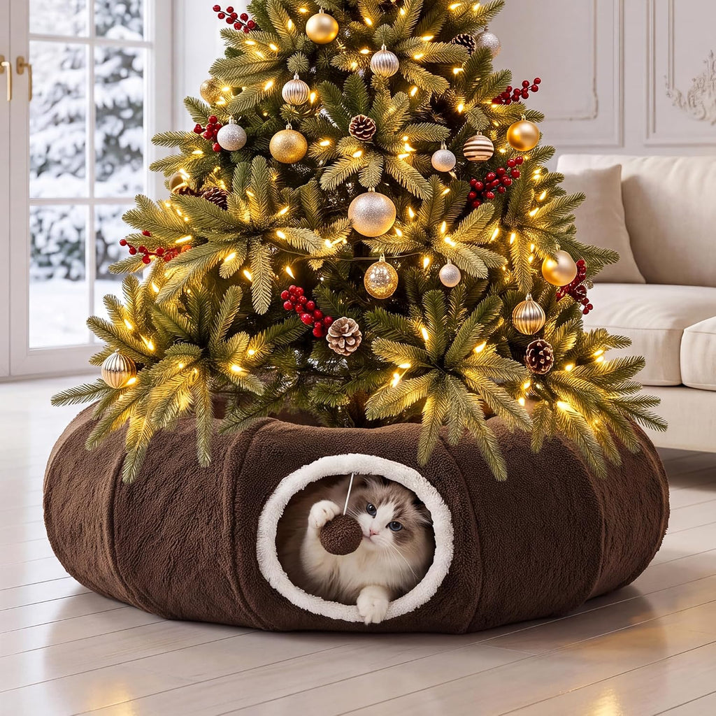 ZOMISIA Cat Tunnel Bed for Indoor Cats, Donut Peekaboo Play Tunnel, Brown