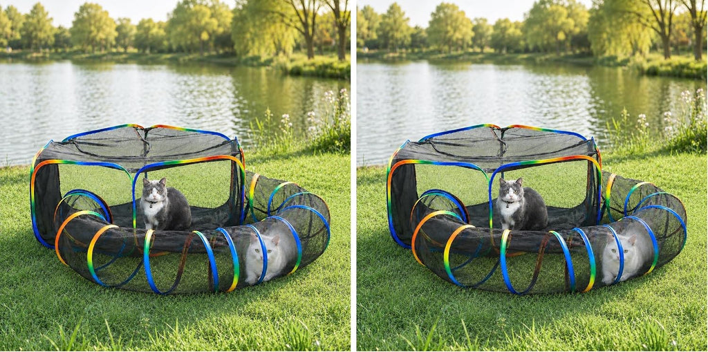 Portable Cat Enclosure - 2-in-1 Outdoor Catio with Tent & Tunnel, Foldable Playpen for Indoor Cats, Includes Storage Bag for Cats & Small Animals Rainbow Color (Pack of 2)