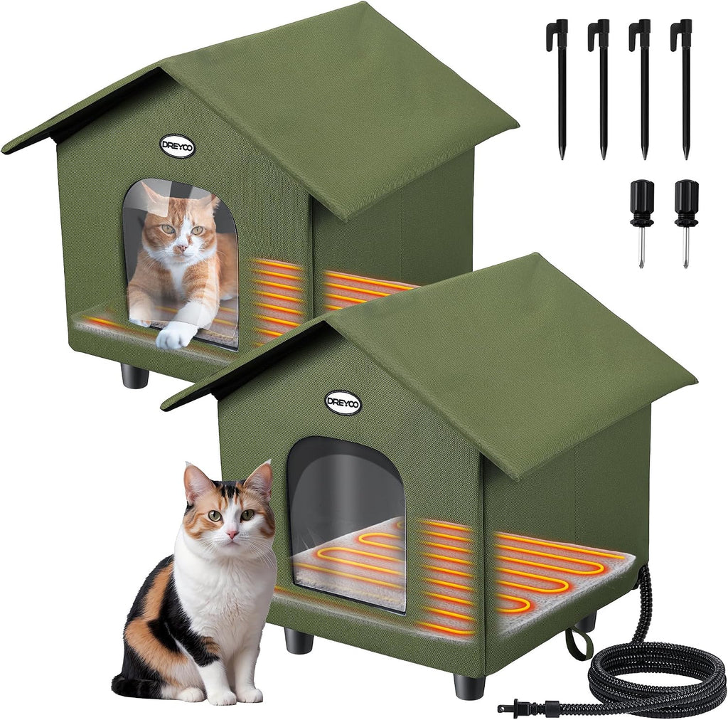 Dreyoo 2 Pack Heated Cat House Weatherproof, Green