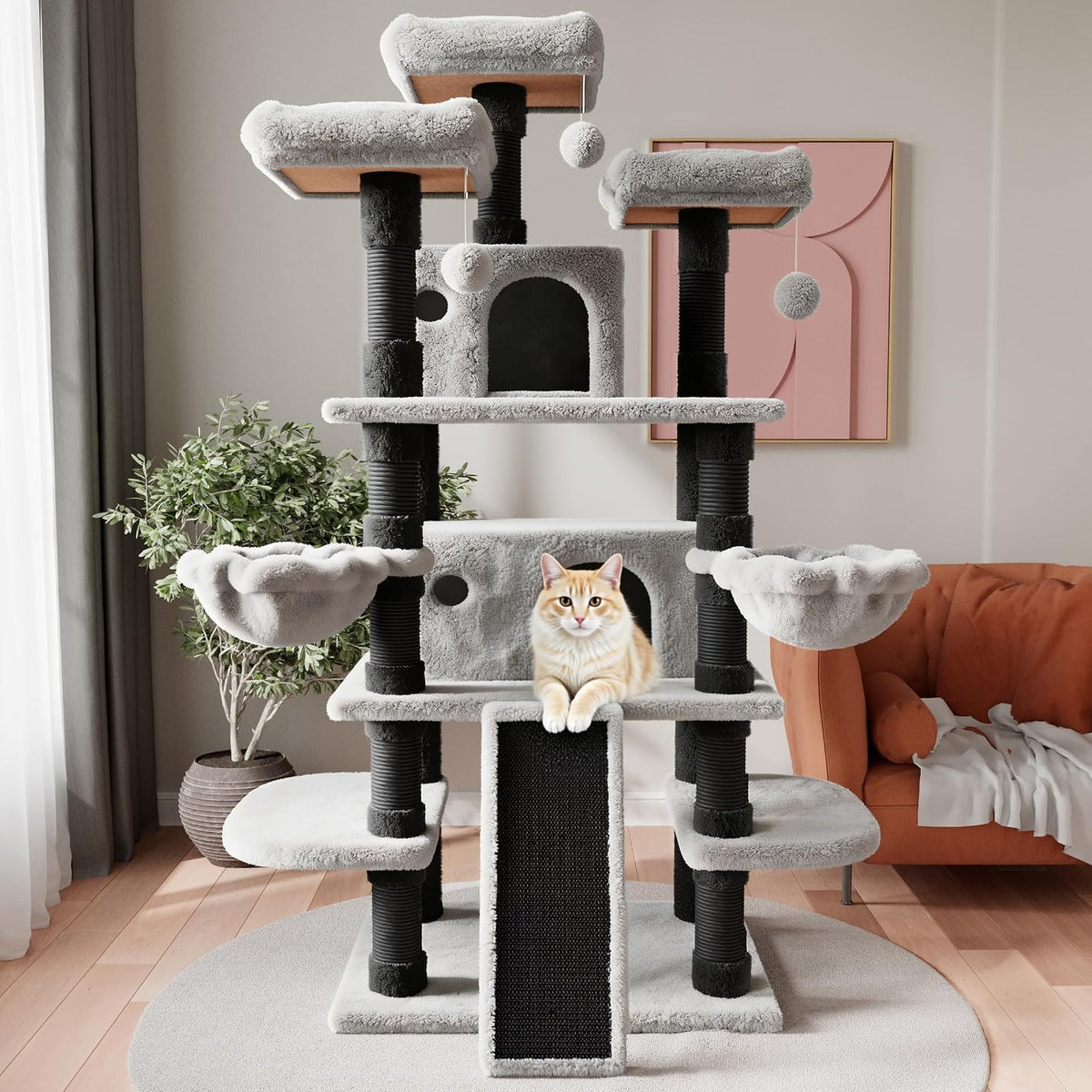 SHA CERLIN 68 Inches Multi-Level Large Cat Tree for Large Kitties/Big Cat Tower with Condo/Cozy Plush ‌Pussycat Perches/Sisal Scratching Posts and Hammocks/Activity Center/Black & Grey
