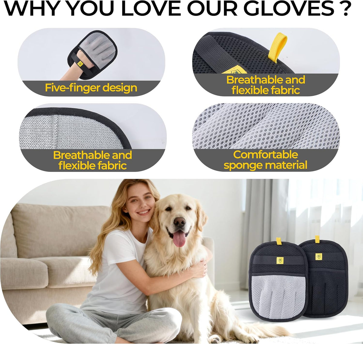 2 Pack Pet Hair Removal Glove for Dogs & Cats - Cat Hair Remover & Dog Hair Removal Tool, Electrostatic Reusable Pet Hair Glove for Furniture, Laundry, Couch, Carpet & Car Seat (Gray/Black Combo)