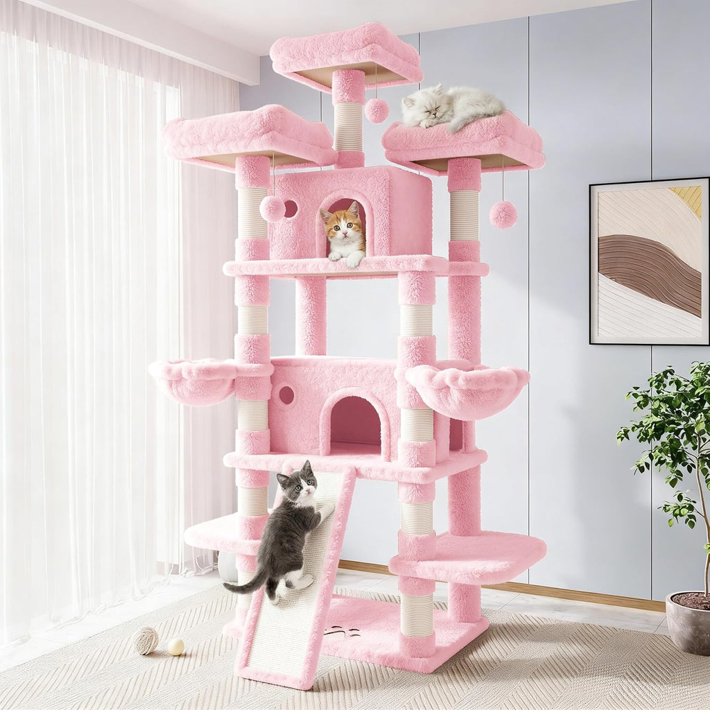 Allewie 82 Inches Large Cat Tree/House/XXL Tall Cat Towers for Big Feline/Scratching Post/Multi-Level Large Kitty Climbing Tree with Condo/Pink