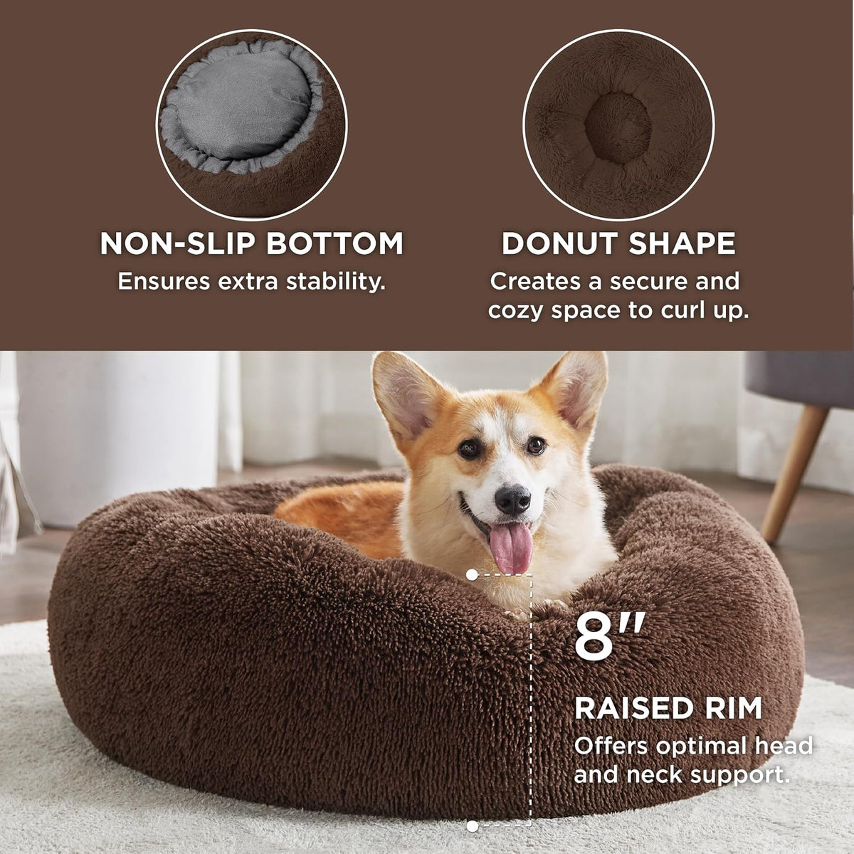 Bedsure Calming Dog Bed Medium Size Dog Donut Washable Pet Bed,30ins Coffee
