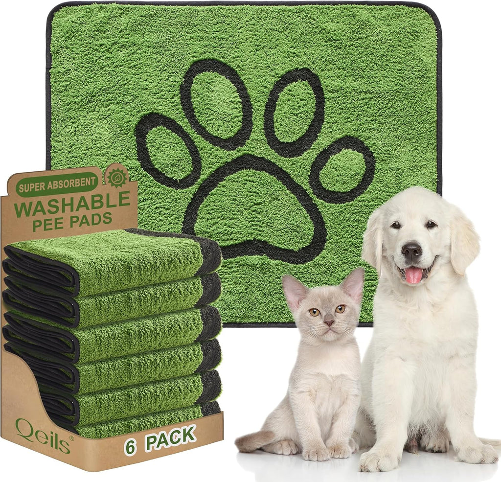 Qeils Reusable Dog Pee Pads, Washable Puppy Pads, Leak-Proof 30"x34" 6 Pack | Super Absorbent And Non-Slip Potty Training Pads, Soft Paw Print Plush Design, Ideal For Crates, Couch, Car Seats & Pet Beds