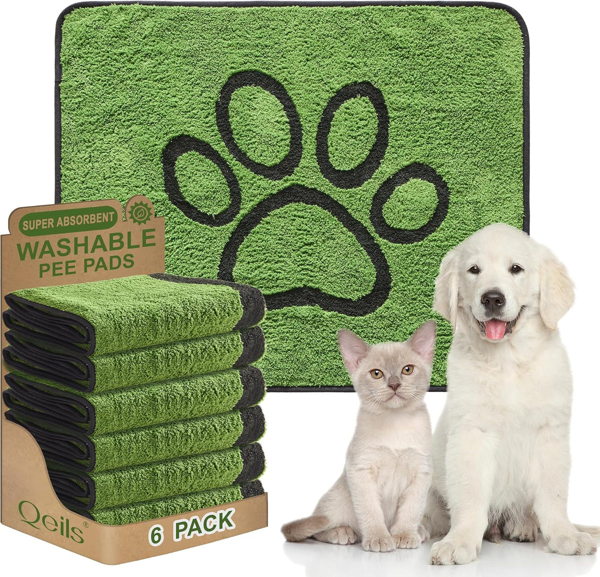 Qeils Reusable Dog Pee Pads, Washable Puppy Pads, Leak-Proof 30"x34" 6 Pack | Super Absorbent And Non-Slip Potty Training Pads, Soft Paw Print Plush Design, Ideal For Crates, Couch, Car Seats & Pet Beds
