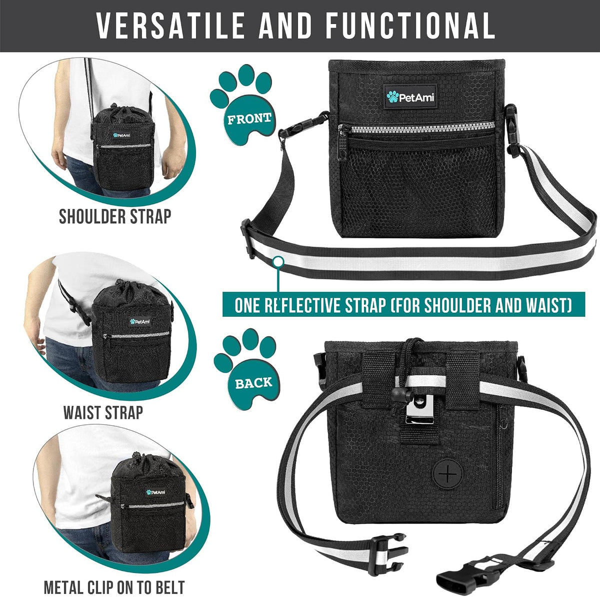 PetAmi Hands Free Dog Treat Pouch for Training and Walking, Black