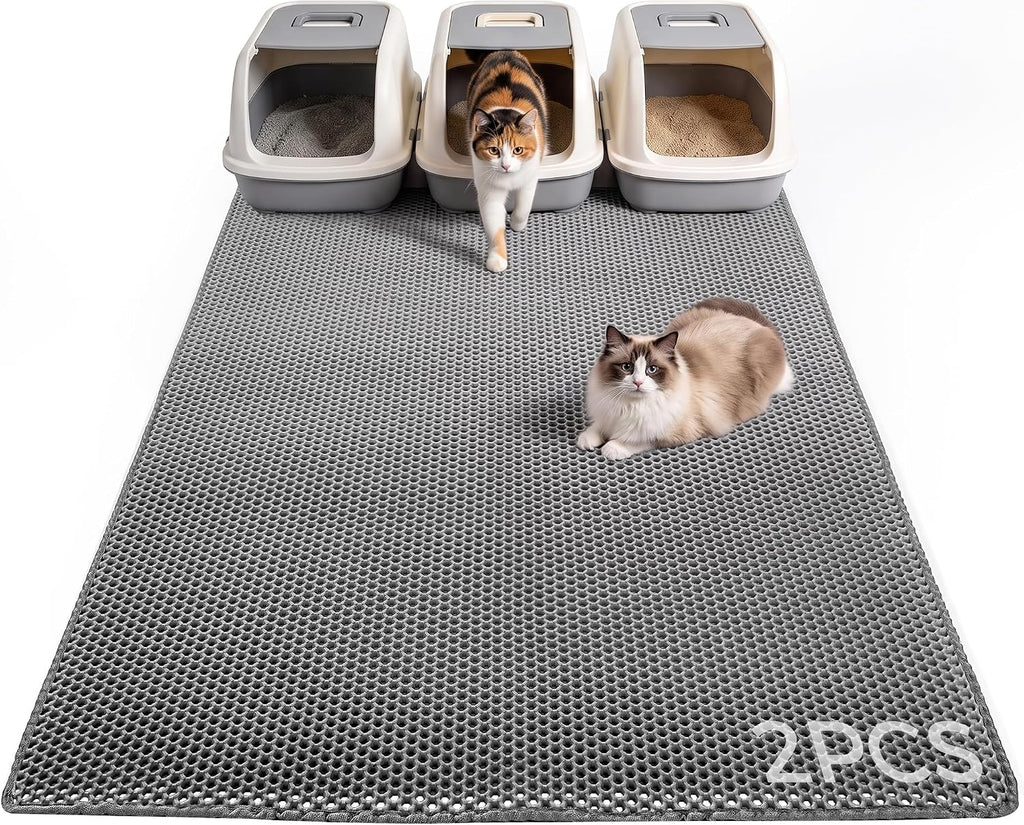 2Packs Cat Litter Mat 47"x36", XL Litter Mat for Litter Box Mat | Large Double Layer Honeycomb Cat Mat, Urine-Proof Soft kitty Cat Litter Trapping Mat, Easy Clean Rinse with Water Grey
