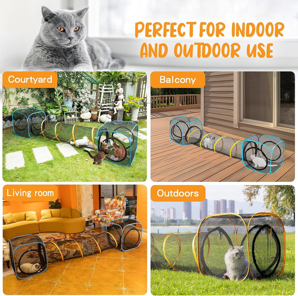 Cat Play Tunnel + Cube(with Three Ways) for Indoor and Outdoor, Cat Playpen, Play Enclosures, Collapsible Cube, Tunnel, Easy to Connect with Tent 2 Cubes + Run Tunnel