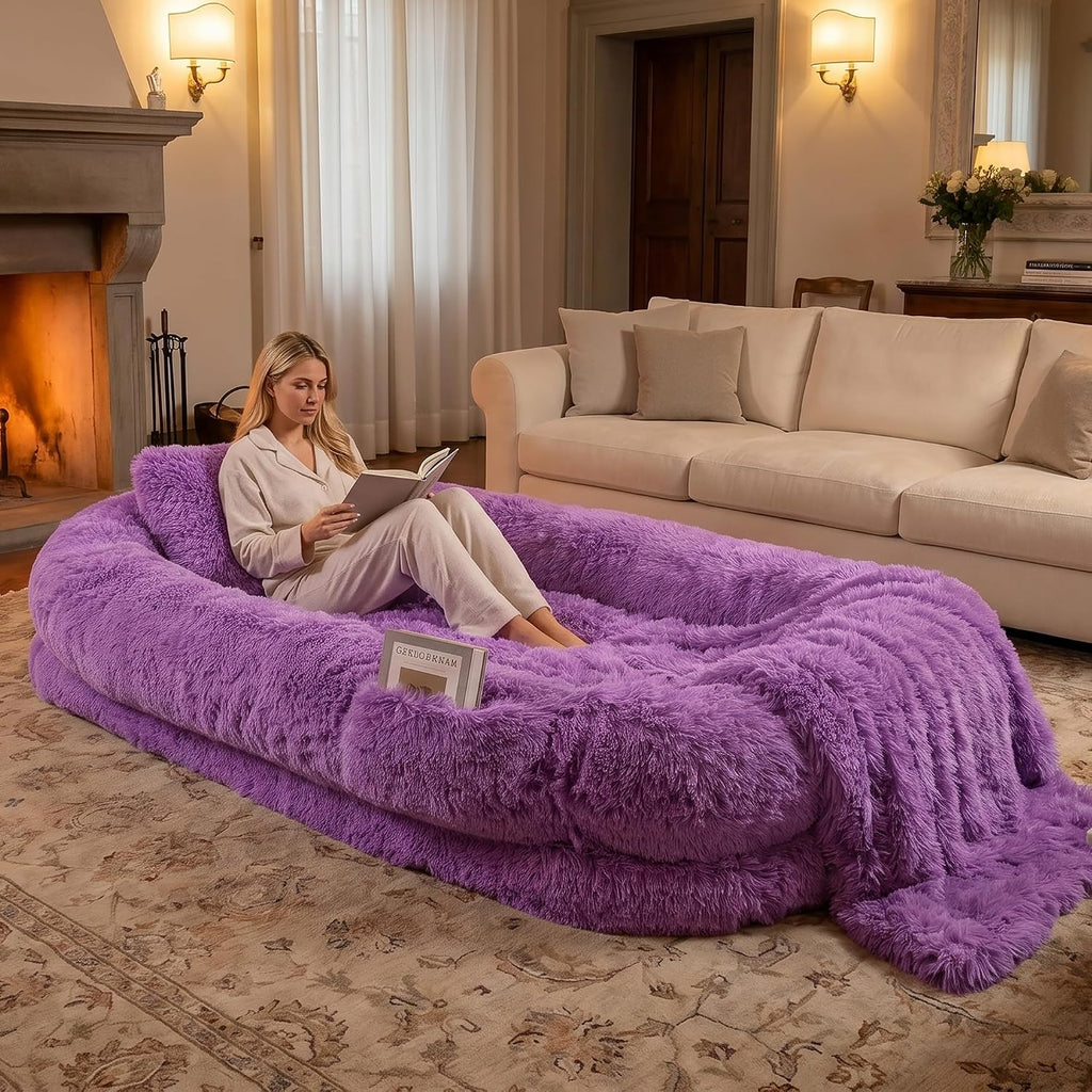 Human Dog Bed, Oversized Plush Lounger Bed with Plump Pillow and Blanket