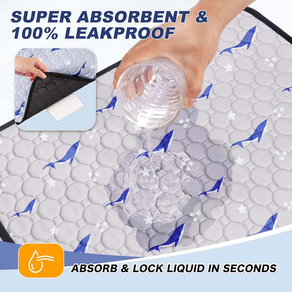 Washable Dog Pee Pads, Non-Slip Waterproof, 48 x 48 in, 2 Pack, Dolphin | Super absorbent, waterproof and non-slip; washable, reusable dog pads for crates, playpens, floors, furniture and travel