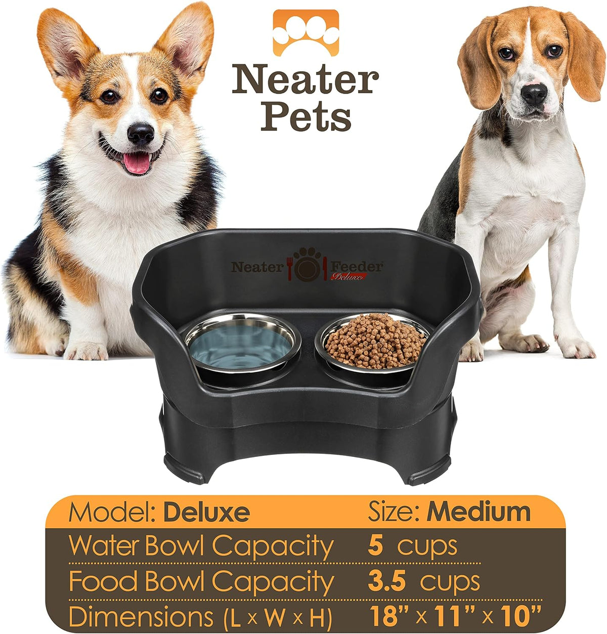 Neater Pet Brands Neater Feeder Deluxe Mess Proof Dog Bowls Elevated for Medium Dogs 19-40 lbs, Made in USA, No Spill Raised Dog Food Bowl Stand Feeding Station, Food and Water Bowl Set, Black 