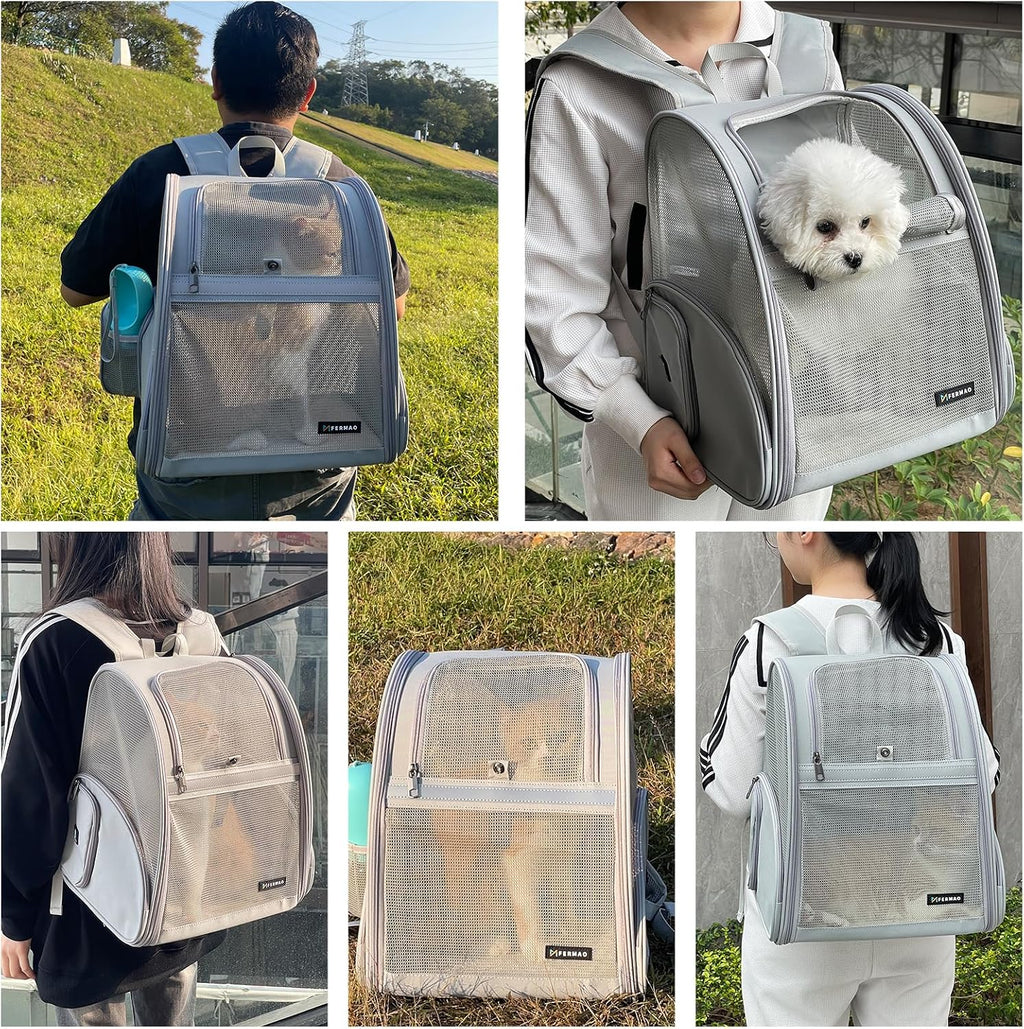 Cat Backpack Carrier for Small Dogs and Medium cat Puppy Kitten Bunny Pet Carrier Backpack Collapsible with Fully Ventilated Mesh with Safety Leash (Gray, 12.9" L x 10.62" W x 15.5" H - M)
