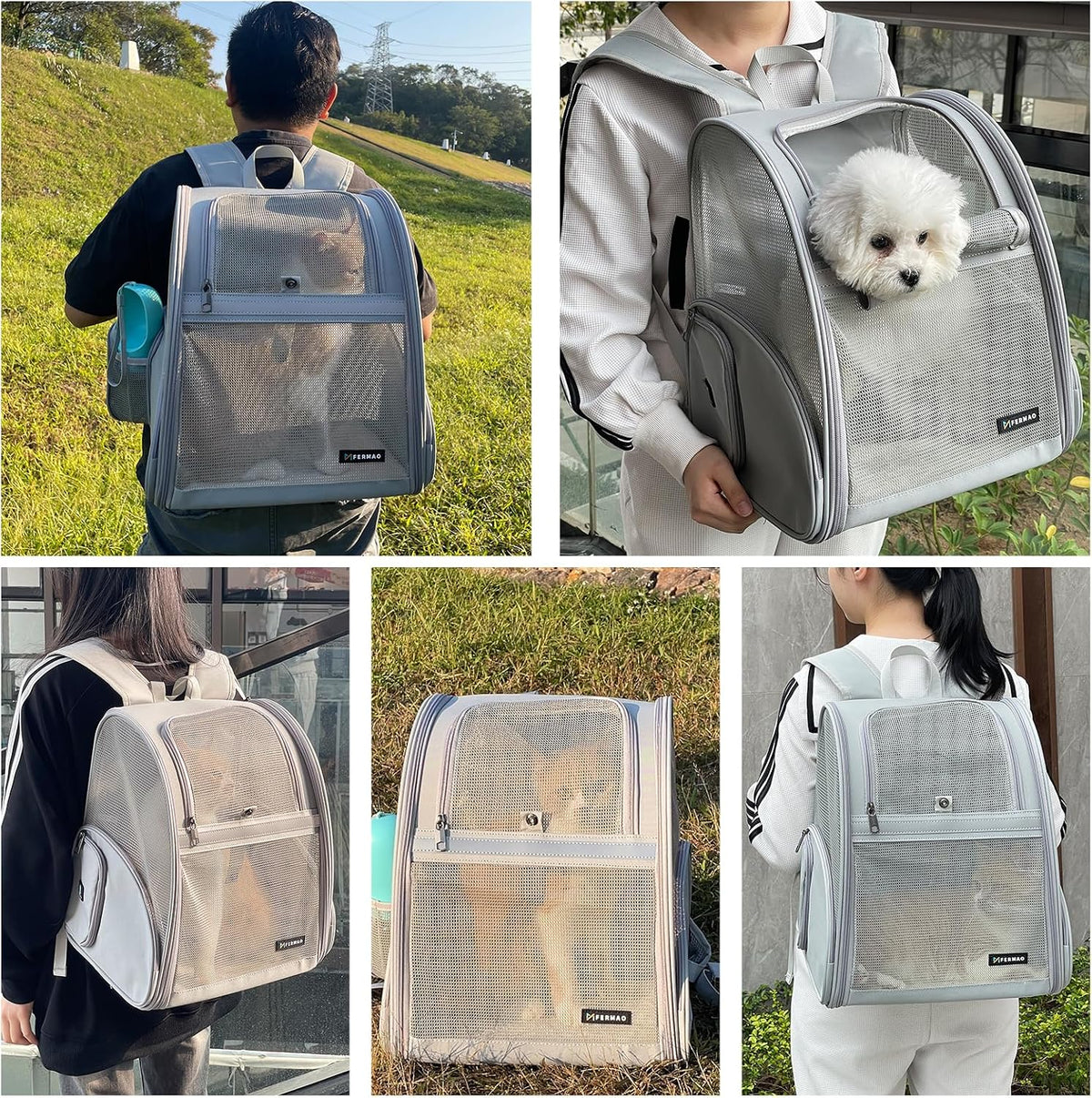 Cat Backpack Carrier for Small Dogs and Medium cat Puppy Kitten Bunny Pet Carrier Backpack Collapsible with Fully Ventilated Mesh with Safety Leash (Gray, 12.9" L x 10.62" W x 15.5" H - M)
