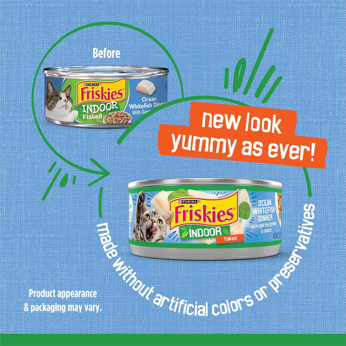 Friskies Purina Indoor Cat Food Flaked Ocean Whitefish Dinner with Garden Greens in Sauce - 5.5 oz. Cans (Pack of 24)