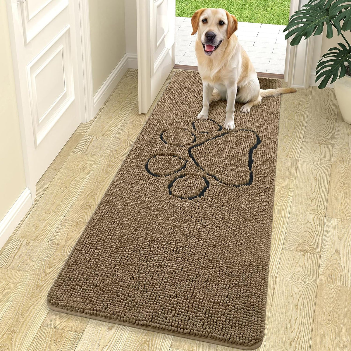 OLANLY Dog Door Mat for Muddy Paws 70x24, Paw Print Design Chenille Mud Mat
