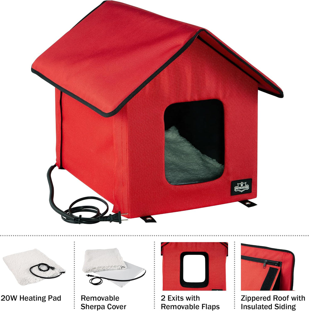 Heated Cat House - Double-Door Cat Bed with Zippered Roof, Pet Heating Pad, and Sherpa Cover - for Garage, Porch, Barn, or Basement by PETMAKER (Red)