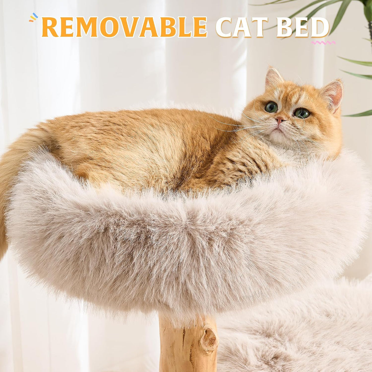 HITTITE Natural Wood Cat Tree Tower with Scratching Post, 40 Inches Tall Modern Cat Tower with Cozy Bed and Condo, Luxury Real Branch Cat Tree for Indoor Cats Large Adult, Khaki.