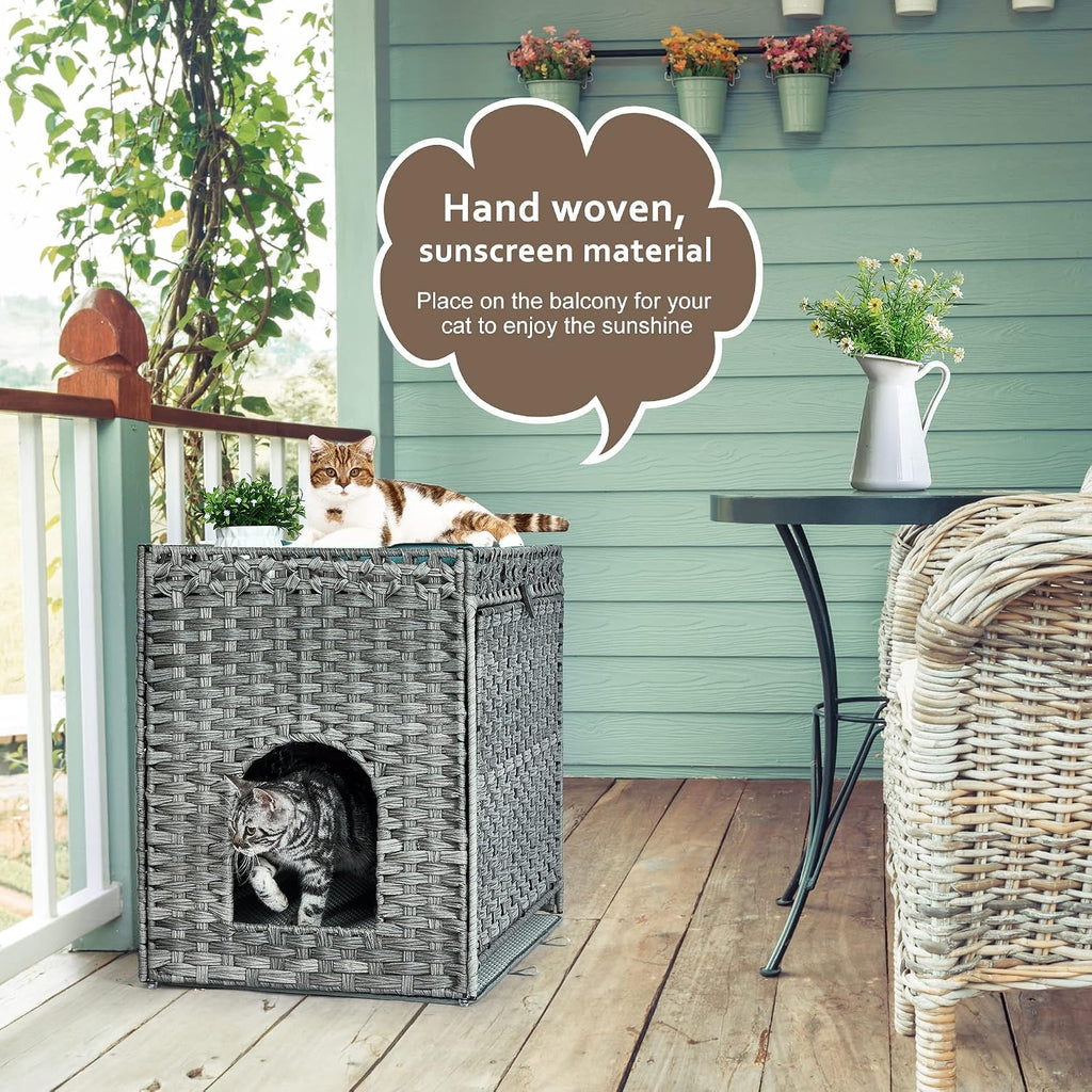 Cat Litter Box Enclosure with Door, Hidden Cat Washroom Furniture | Handwoven PP Wicker; Soft Litter Mat Included; Spacious Interior; Furniture-Style Design; Indoor Home Décor
