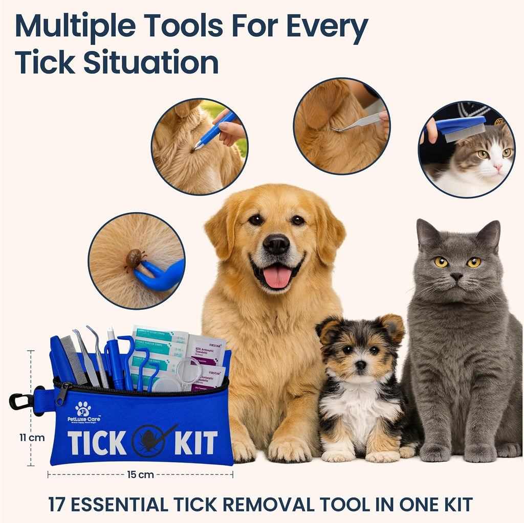 Complete Tick Removal Kit for Dogs & Cats – Tick Remover Tool Set with 3 Size Hooks, Tick Comb & Stainless Steel Precision Tick Remover + Tweezers, Travel Pouch – Safe, Fast Tick Removal