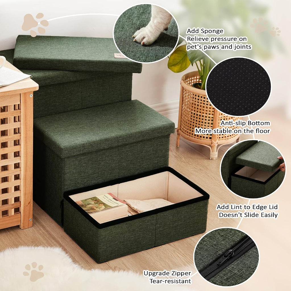 Love's cabin Dog Stairs for High Bed, Foldable Pet Stairs for Small Medium or Large Dogs Puppy with Storage for Bed or Couch, Cat Dog Steps Ramp with Zip up to 200 lbs, Dark Green, 3 Steps