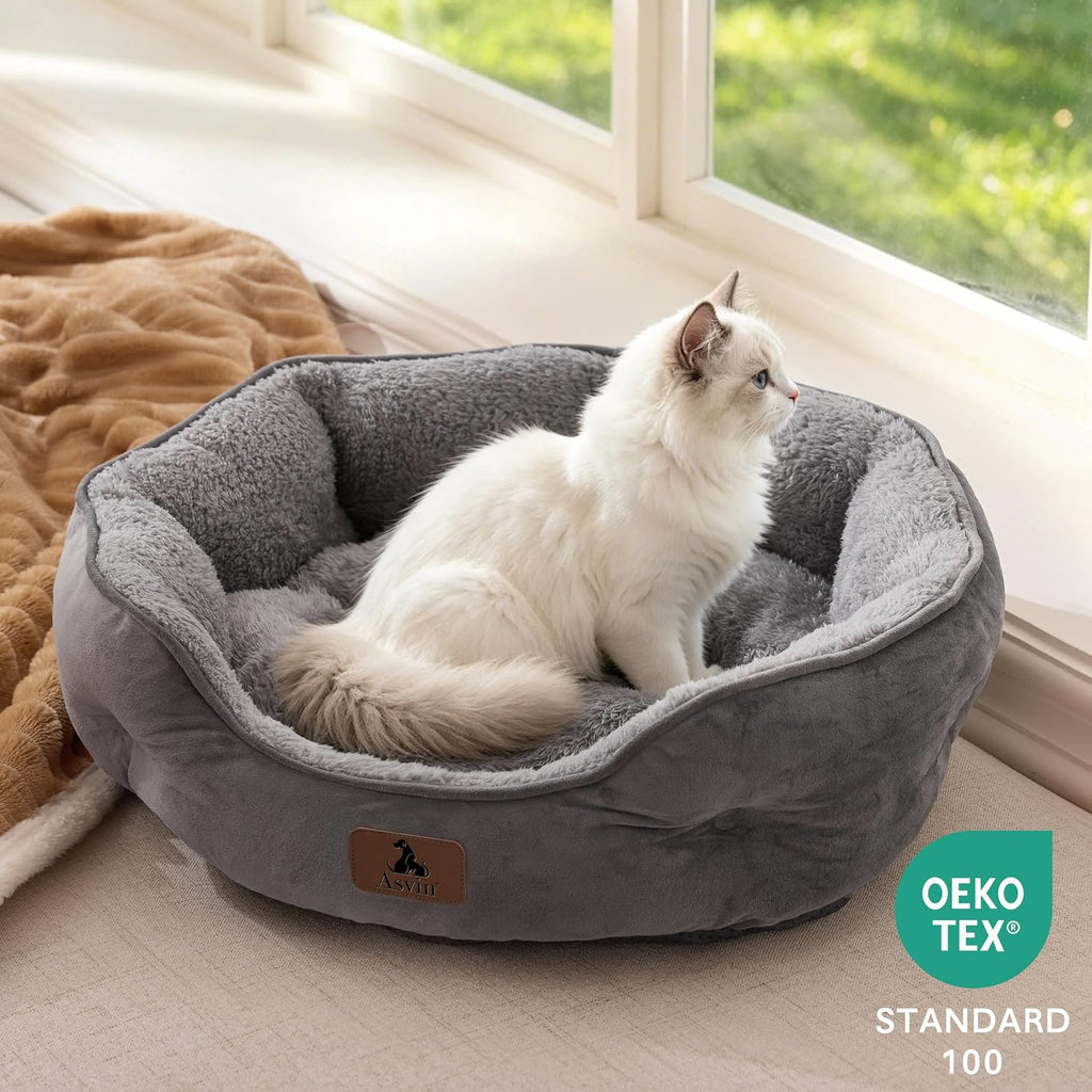 Asvin Medium Dog Bed for Medium Dogs, Cat Beds for Indoor Cats, Pet Bed for Puppy and Kitty, Extra Soft & Machine Washable with Anti-Slip & Water-Resistant Oxford Bottom, Grey, 25 inches