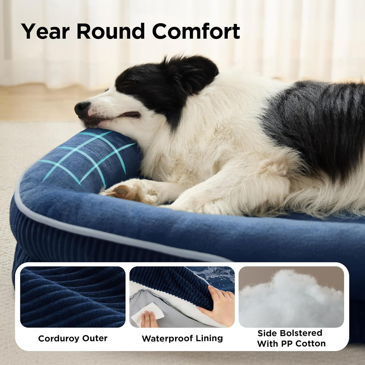Bedsure 360°Oval Bolster Orthopedic Dog Beds Large Sized Dog,35" Blue