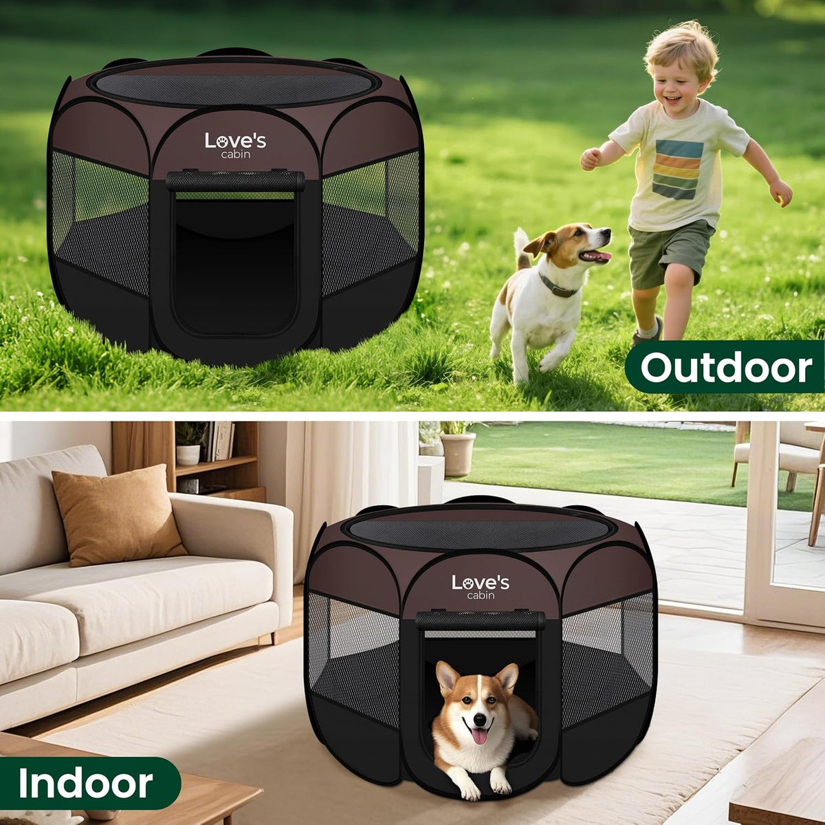 Love's cabin Pet Puppy Dog Playpen, Large Dog Tent Crates Cage Indoor/Outdoor, Portable Playpen for Cat, Foldable Pop Up Dog Kennel Playpen with Carring Case, Removable Zipper Top, Brown