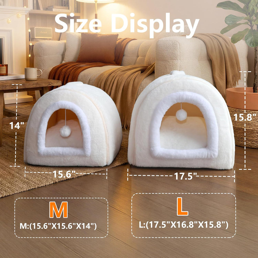 Cat Bed for Indoor Cats，Foldable cat cave，Anti-Slip & Water-Resistant Bottom，cat Houses for Indoor Cats or Small Dogs, Kitten Tent, Rabbit Bed (Cream, L:(17.5"×16.9"×15.9"))