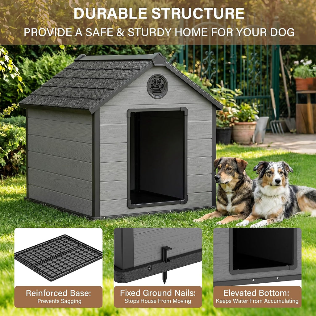 Bifanuo Extra Large Dog House for Outdoor, Weatherproof Dog House for Large Breed with Air Vents & Elevated Floor, Easy Assemble and Clean (Black, 42''L×44.5''W×42''H)