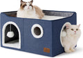 Bedsure Extra Wide Cat House Bed with Fluffy Ball and Scratch Pad,Blue
