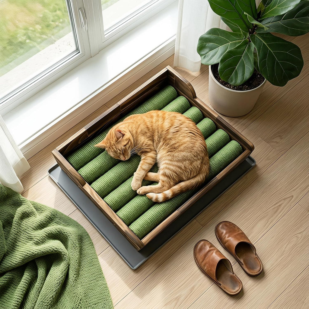 Cat Litter Box Step with Sisal Scratching Post Litter Catcher Mat (Natural) | Multi-Purpose Wood Anti-Tracking Cat Scratcher Bed Litter Box Ramp, Fits Standard Cat Litter Boxes