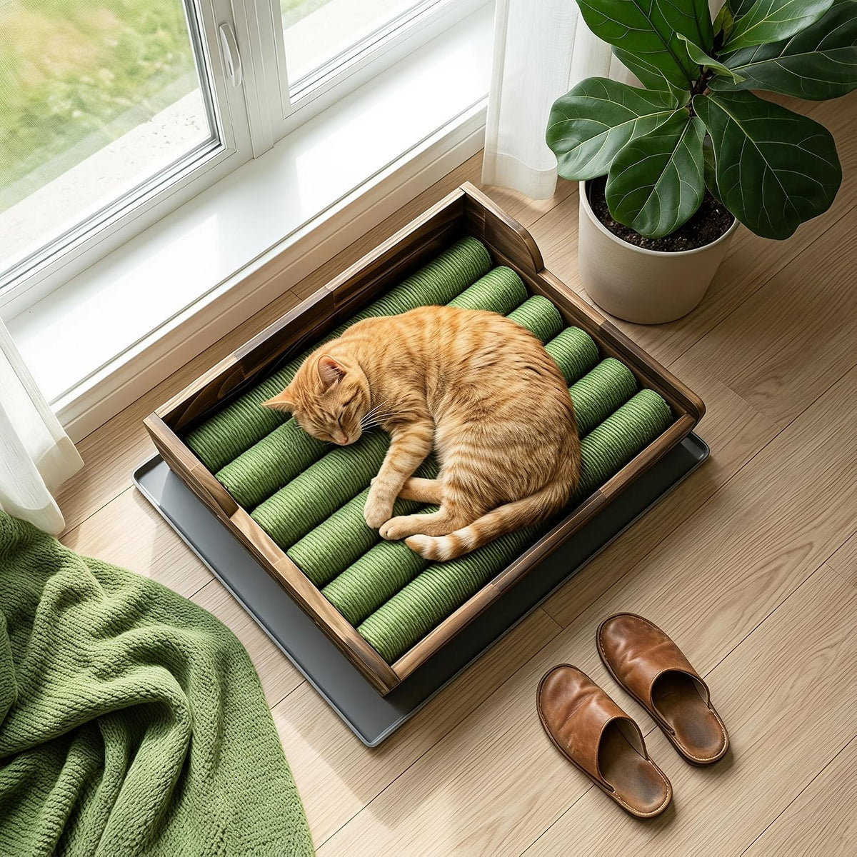 Cat Litter Box Step with Sisal Scratching Post Litter Catcher Mat (Natural) | Multi-Purpose Wood Anti-Tracking Cat Scratcher Bed Litter Box Ramp, Fits Standard Cat Litter Boxes
