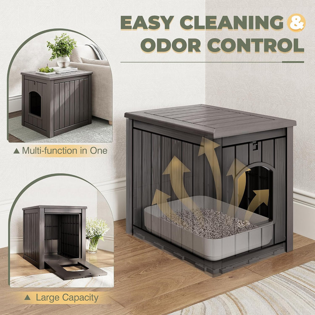 Cat Litter Box Enclosure, Openable Front Door Outdoor Enclosed Cat Litter Box, Outdoor Cat House Weatherproof Raised Floor, Easy to Clean, Grey