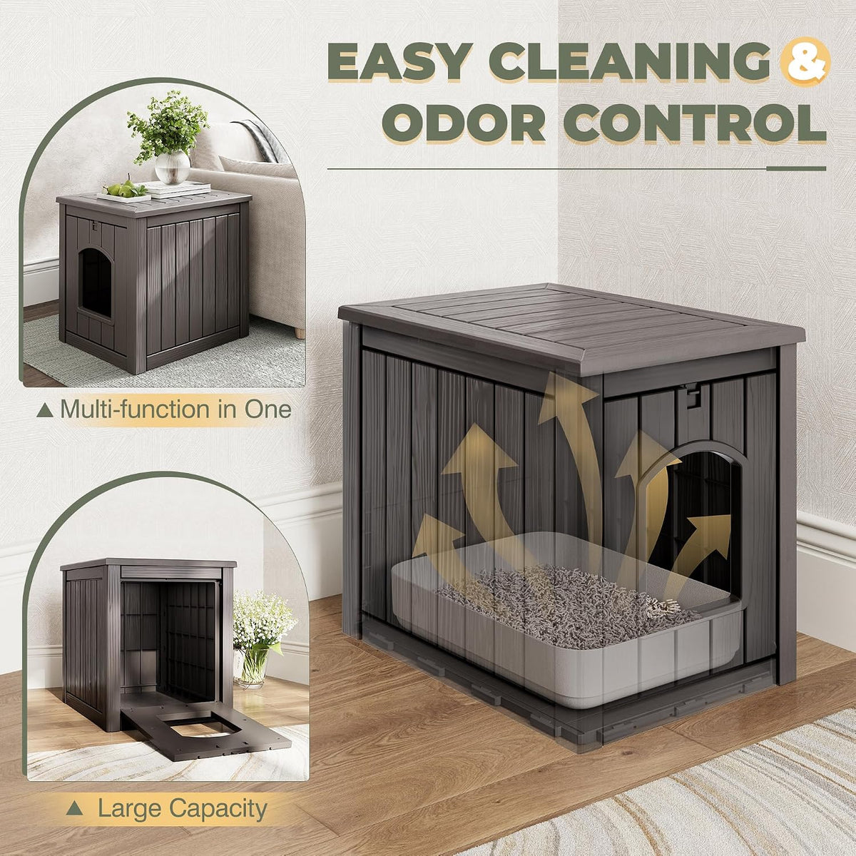 Cat Litter Box Enclosure, Openable Front Door Outdoor Enclosed Cat Litter Box, Outdoor Cat House Weatherproof Raised Floor, Easy to Clean, Grey