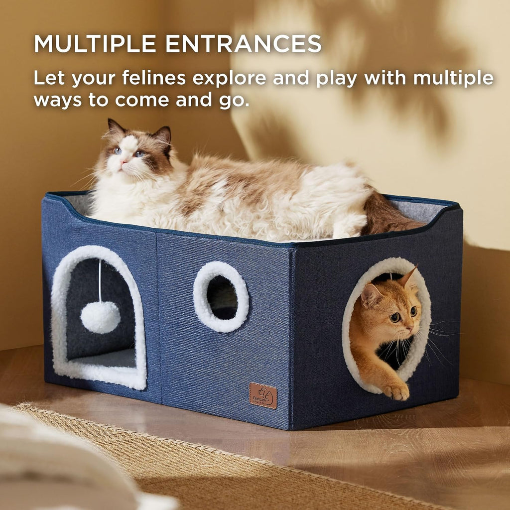 Bedsure Extra Wide Cat House Bed with Fluffy Ball and Scratch Pad,Blue