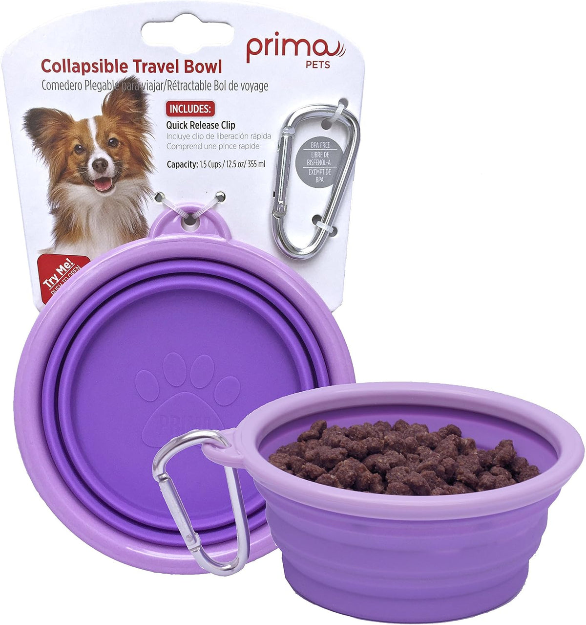 Prima Pet Collapsible Silicone Food and Water Travel Bowl with Clip for Dog and Cat, Small (1.5 Cups) 