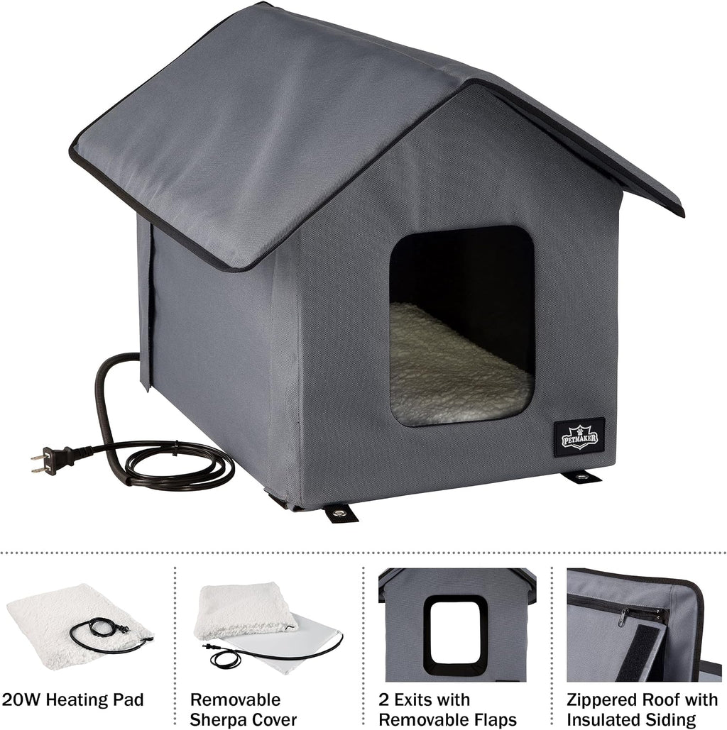 Heated Cat House - Double-Door Cat Bed with Zippered Roof, Pet Heating Pad, and Sherpa Cover - for Garage, Porch, Barn, or Basement by PETMAKER (Gray)