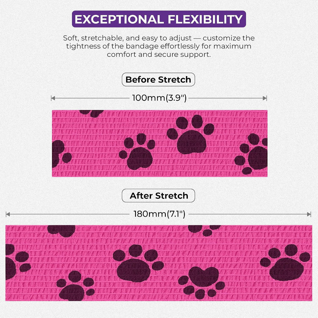 JorVet 4" x 10 Yards Cohesive Bandages | Fun Self-Adhesive Wrap for Animal Wound | Easy Tear, No Scissors Needed | Individually Wrapped Vet Tape, Secure & Flexible | Dog Paw Purple/Pink | Pack of 12
