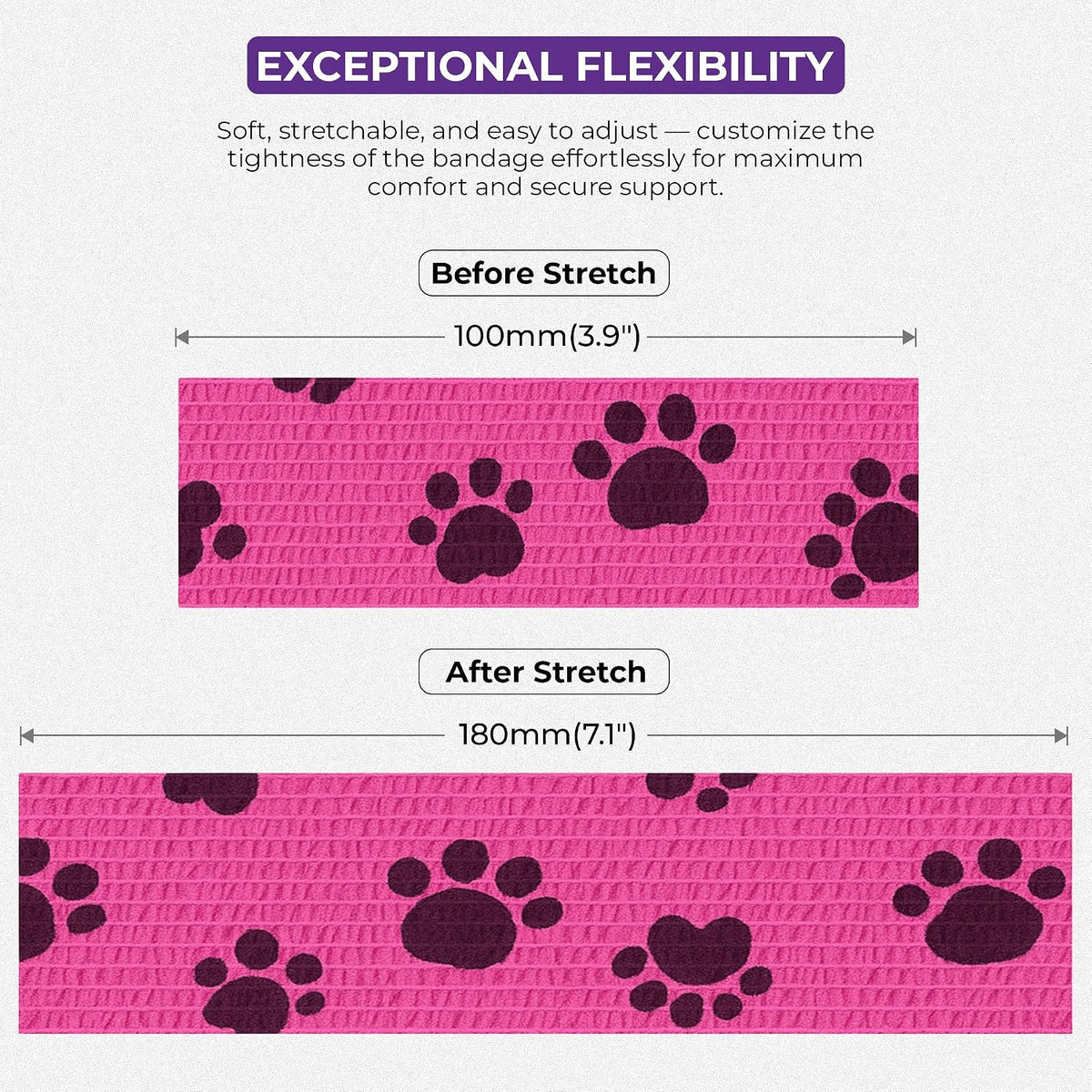 JorVet 4" x 10 Yards Cohesive Bandages | Fun Self-Adhesive Wrap for Animal Wound | Easy Tear, No Scissors Needed | Individually Wrapped Vet Tape, Secure & Flexible | Dog Paw Purple/Pink | Pack of 12