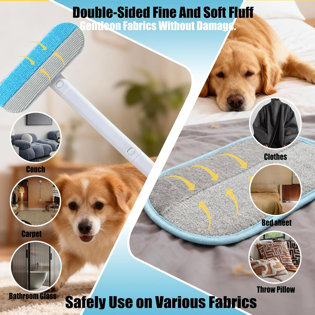 Pet Hair Remover Set, Magic Brush 4-in-1 Extended Handle & Electrostatic Glove for Cat Dog, Carpet Furniture Car Seats