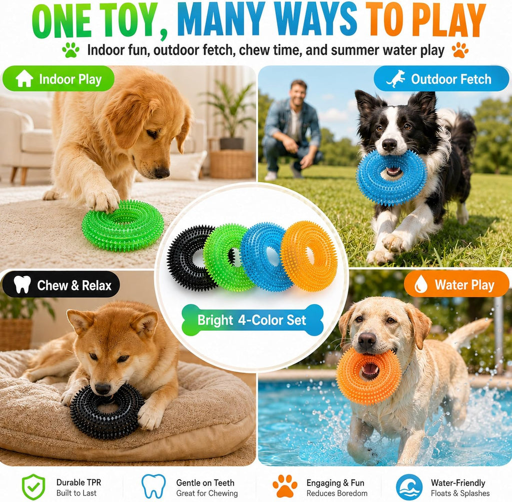 Dog Chew Toys for Aggressive Chewers, Squeaky Floating Donut Rings, 4 Pack
